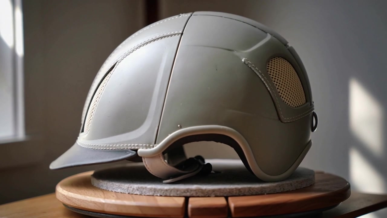 Plataforma giratoria que exhibe un casco ecuestre junto a una ventana sobre una mesa, revelando sus rejillas de ventilación de malla.