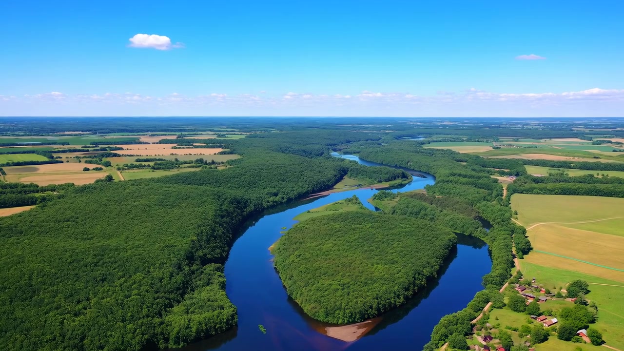 Højt luftfoto af en bugtende flod, der snor sig gennem tæt grøn løvskov og et lappetæppe af rektangulære landbrugsarealer. Solbelyst vand reflekterer den blå himmel