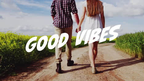 animation of good vibes text over happy couple outdoors