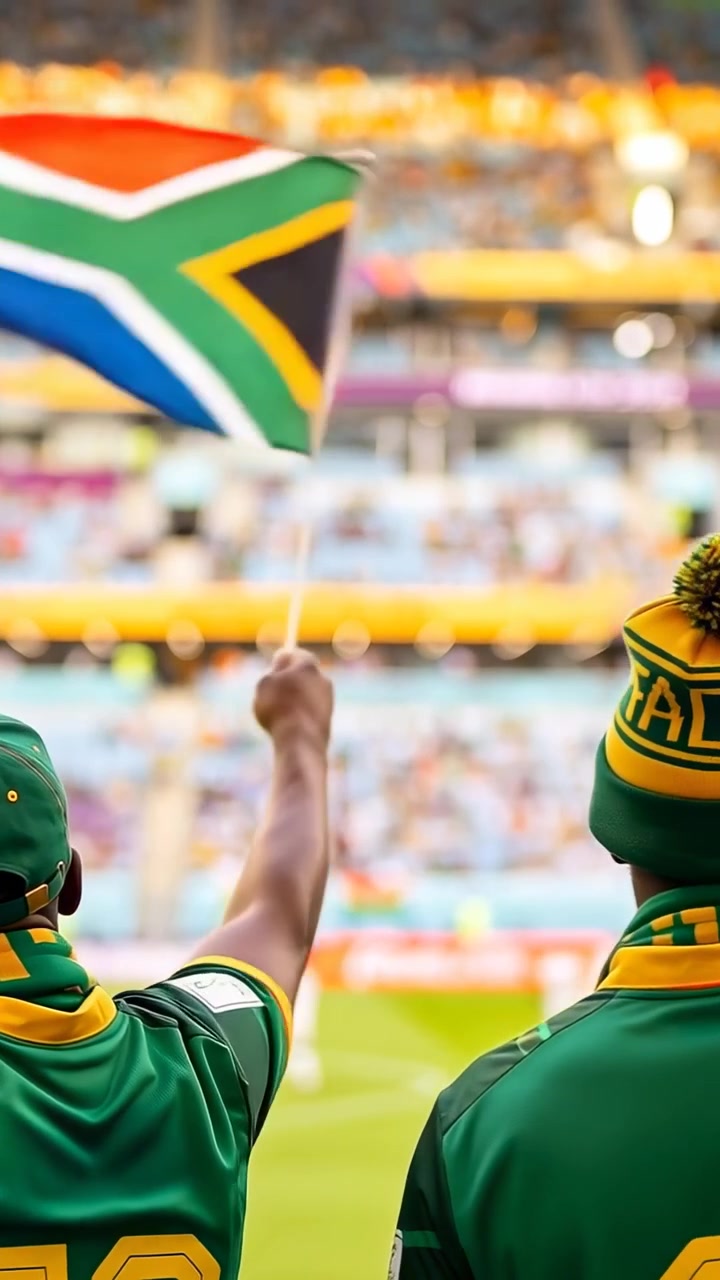 Vídeo vertical: Fã da esquerda acenando levantando a bandeira da África do Sul na grade do estádio enquanto amigo assiste com gorro e cachecol.