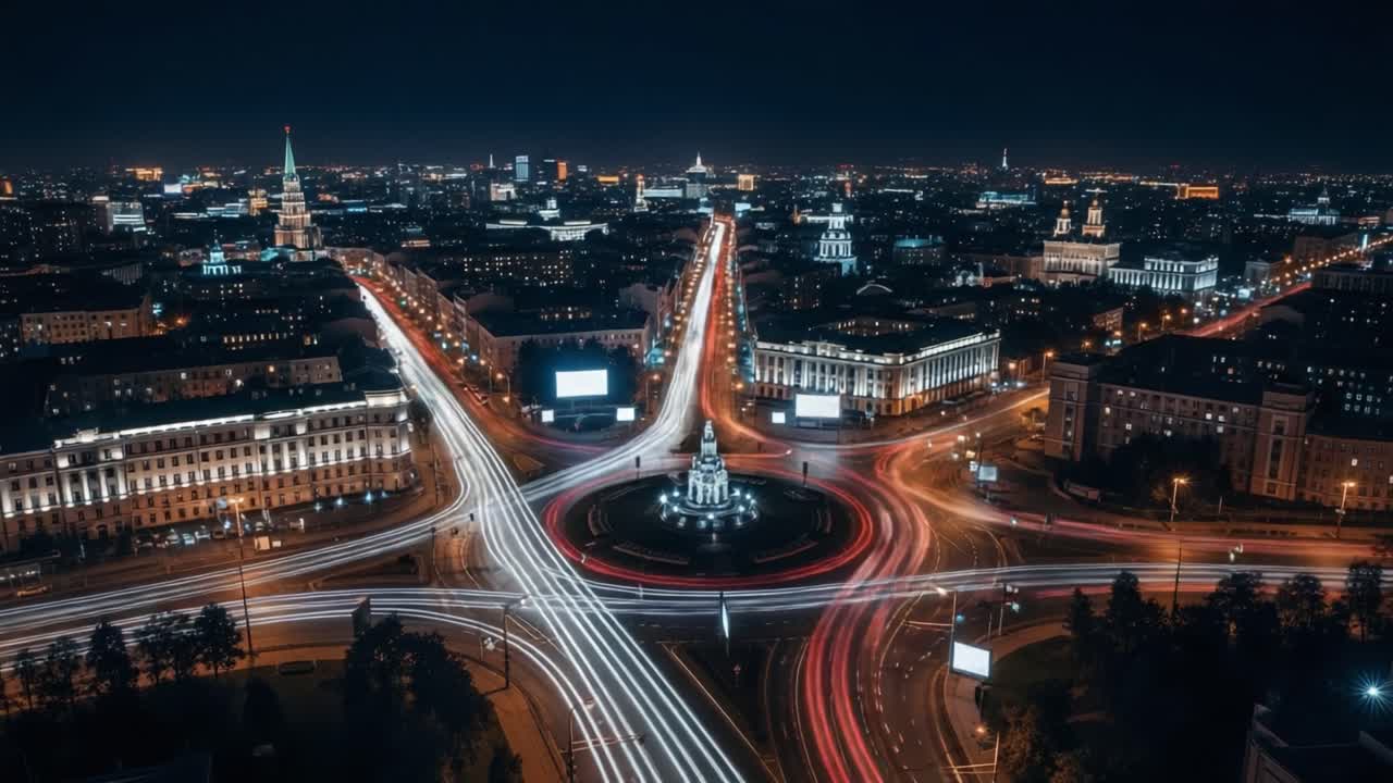 Night Cityscape with Traffic Light Trails and Roundabout