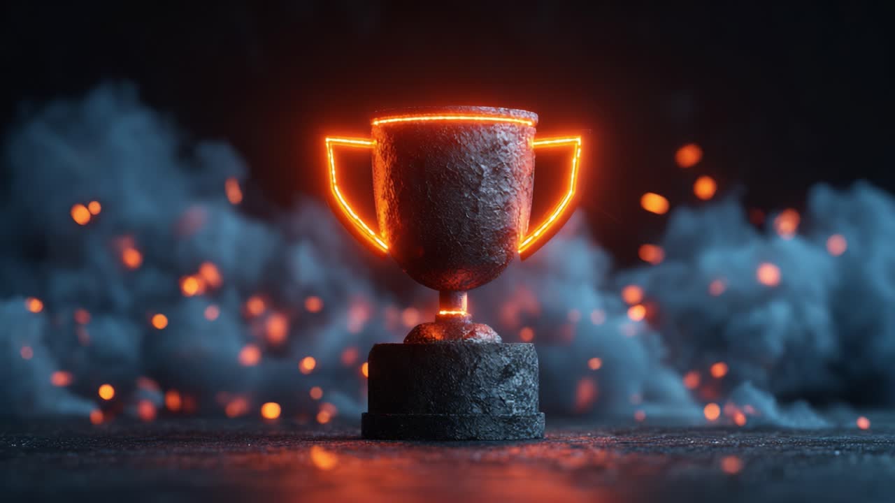 An illuminated trophy stands proudly amidst a smoky backdrop, showcasing a striking design and vibrant colors, symbolizing achievement and victory in competitions