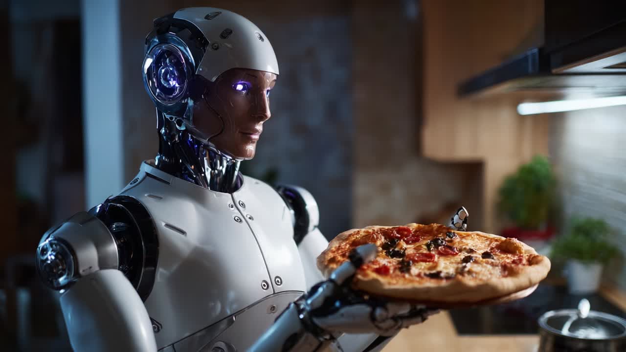 A futuristic robot holds a delicious pizza in a modern kitchen setting, showcasing the intersection of technology and culinary art as it prepares to serve a mouthwatering meal
