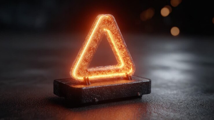 Un segnale neon triangolare arancione brillante che irradia luce in un ambiente scarsamente illuminato, proiettando una luce ambientale sulle superfici vicine e creando un'esperienza visiva unica