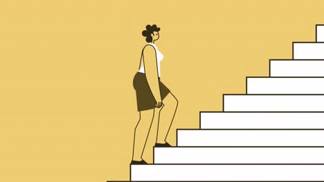 la mujer de estilo amarillo, un personaje plano, sube las escaleras, camina en ciclo, animación de bucle aislado con canal alfa.