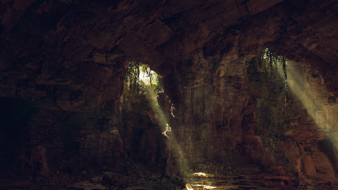 La luce del sole filtra in una grotta serena, rivelando una vegetazione lussureggiante e ombre