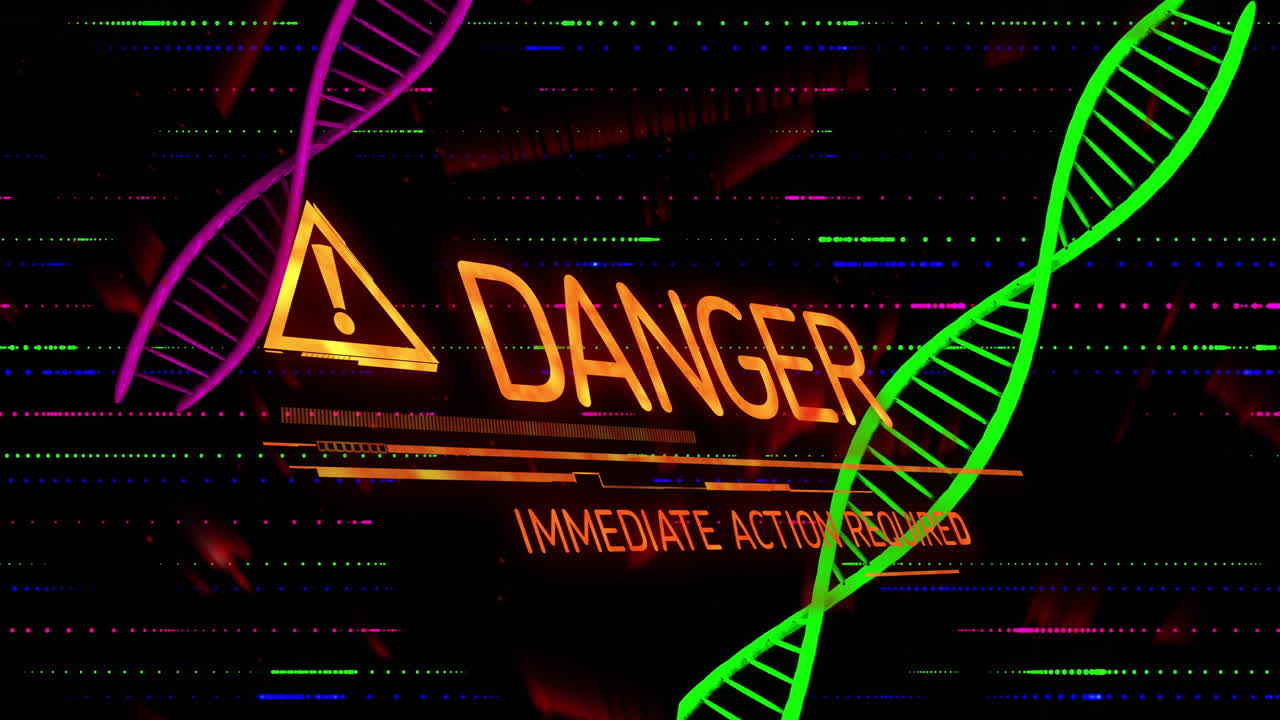 Neon triangle exclamation signaling warning flashing Danger over glitch screen, flanking DNA helix