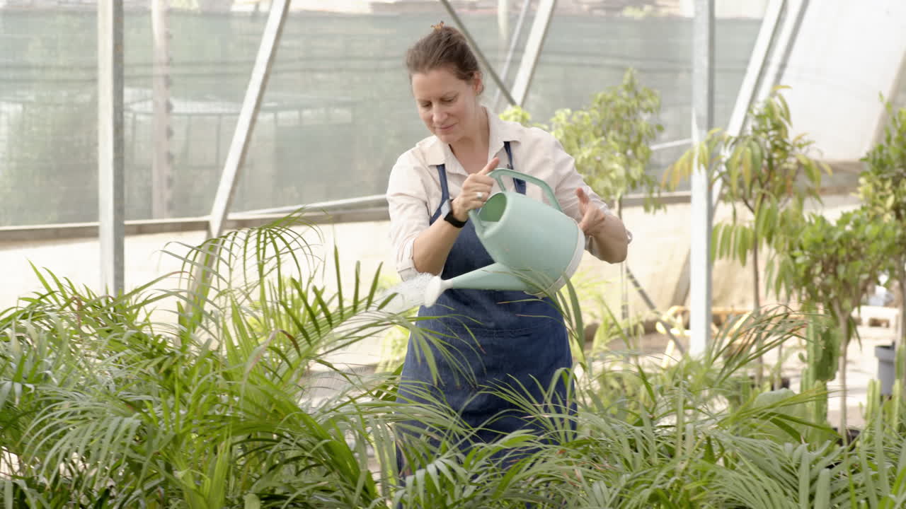 Man watering plants in greenhouse, nurturing greenery with focused care