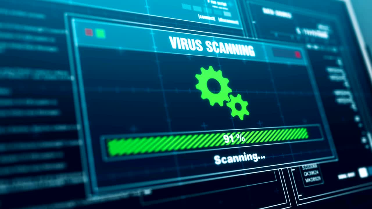 virus scanning Progress Warning Message Threat Detected Alert on Screen , Computer Screen Entering System Login And Password Logging into Showing progress granted System Security.