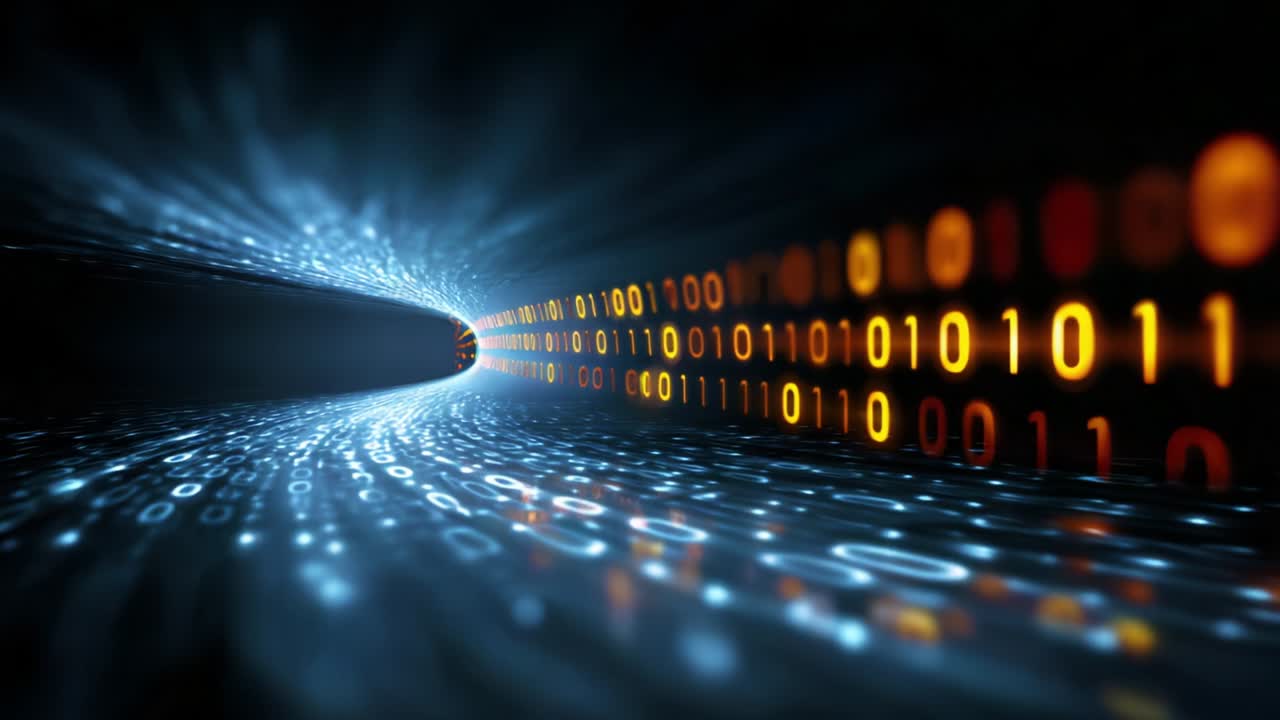 A mesmerizing and abstract depiction of data flowing through a tunnel of glowing binary code, symbolizing the vastness of digital information and the interconnectedness of technology within our modern world