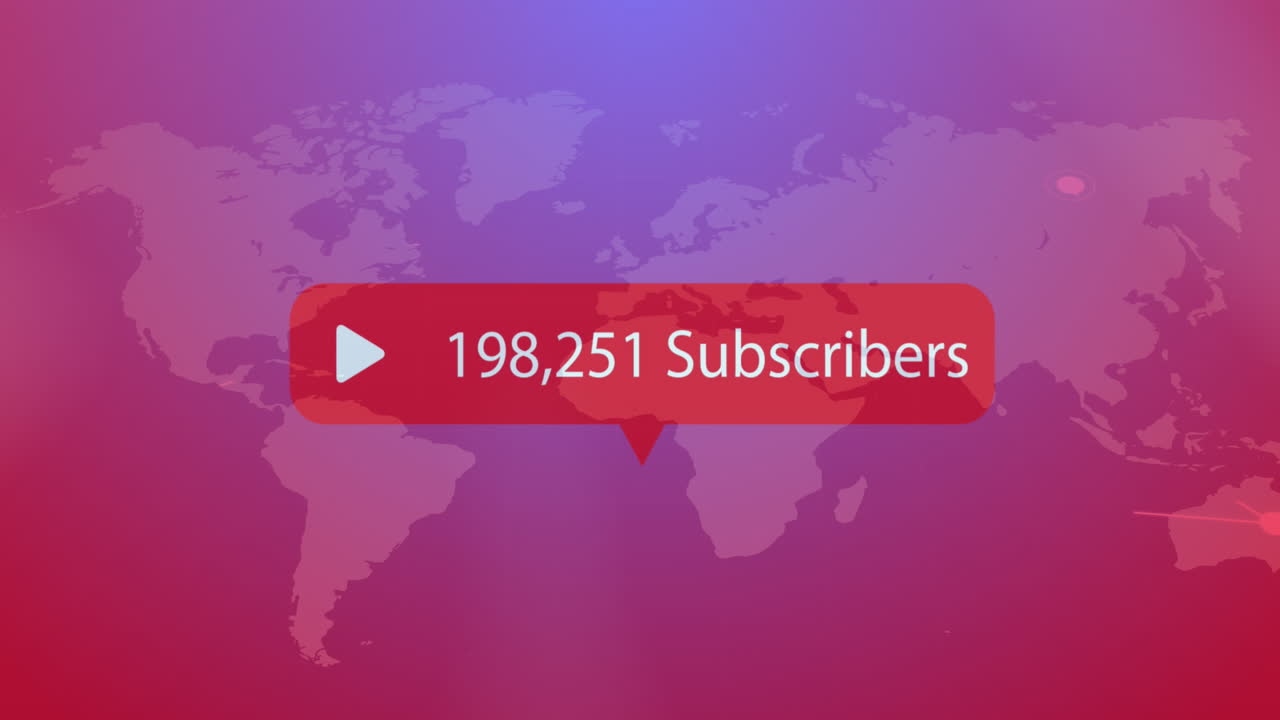 Animation of play icon with increasing subscribers over world map against purple gradient background