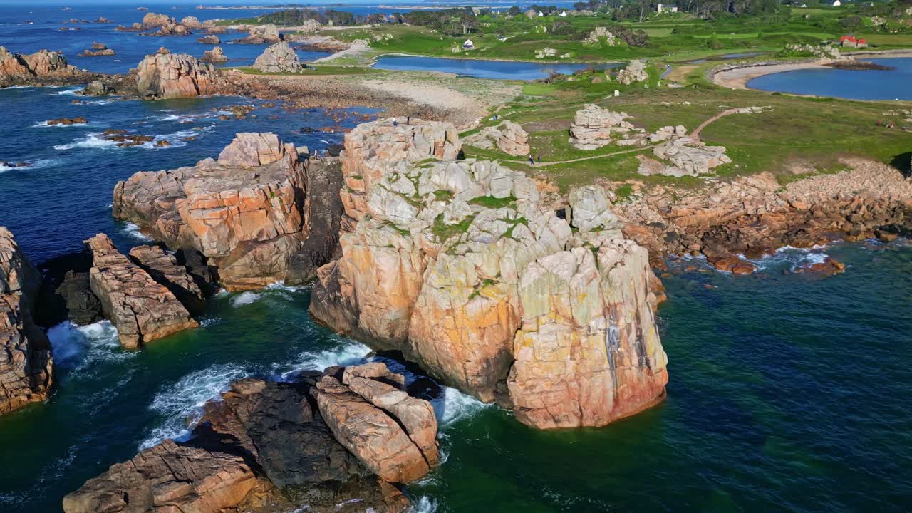 Gouffre de Plougrescant, coastline, for travel or nature content, Brittany, France. Aerial drone backward