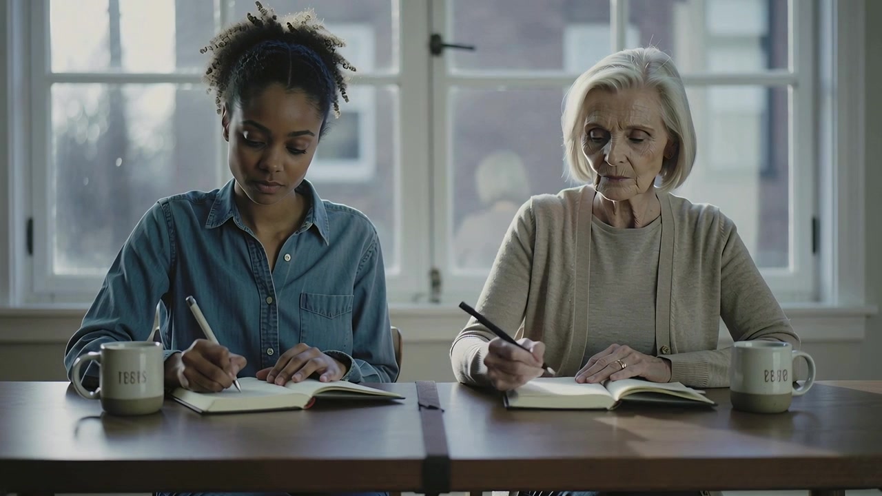 Writing two women lifting pens and jotting at home table, denim shirt, beige sweater, notebooks