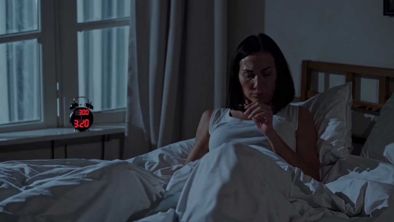 A low-angle video shot of a woman waking up in a dimly lit room, with an alarm clock showing 3:20