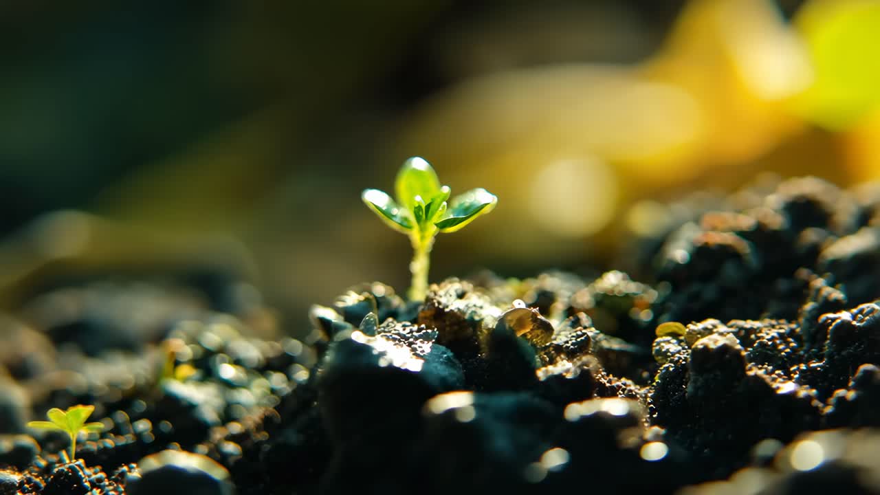 Close-up video of a sprouting plant in soil, captured from a low angle. The focus is on the vibrant
