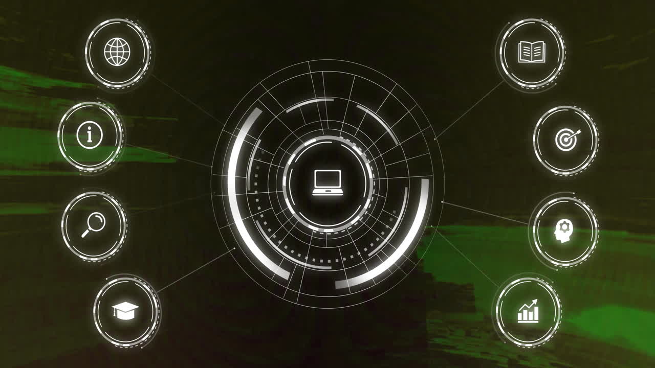 Showing animation of digital network interface with communication and education icons