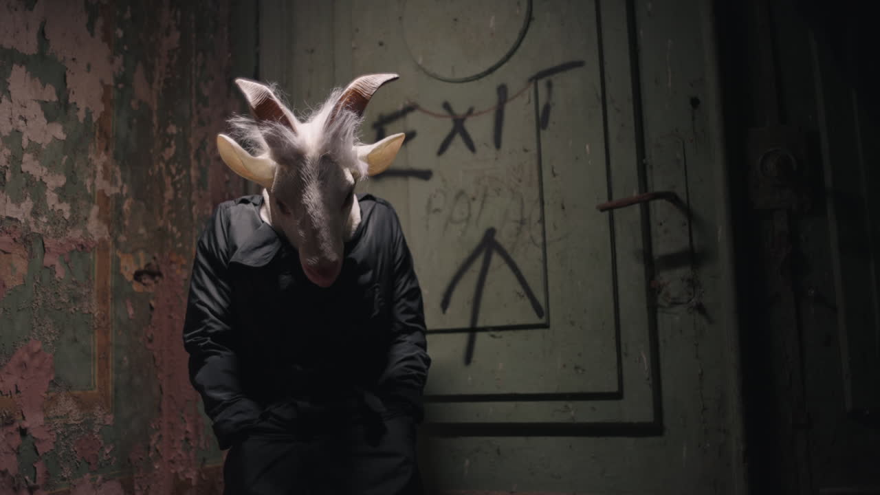 Person in Goat Mask in Abandoned Building