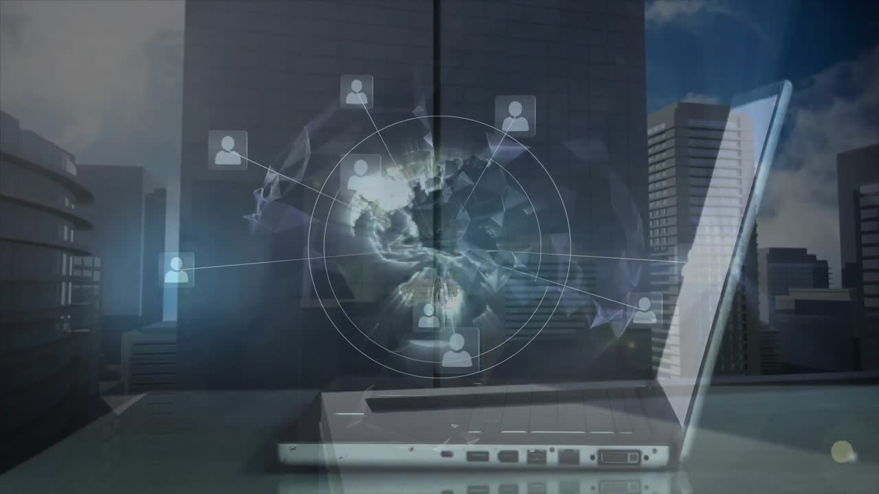 Hand entering scene typing on slim laptop activating holographic globe rotating with network nodes