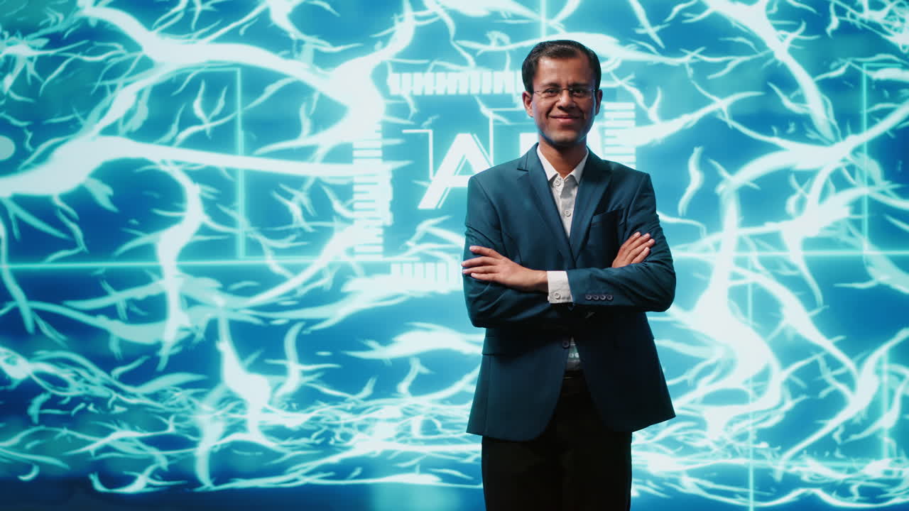 técnico sonriente en la puesta en marcha se encuentra con los brazos cruzados, exudando profesionalismo