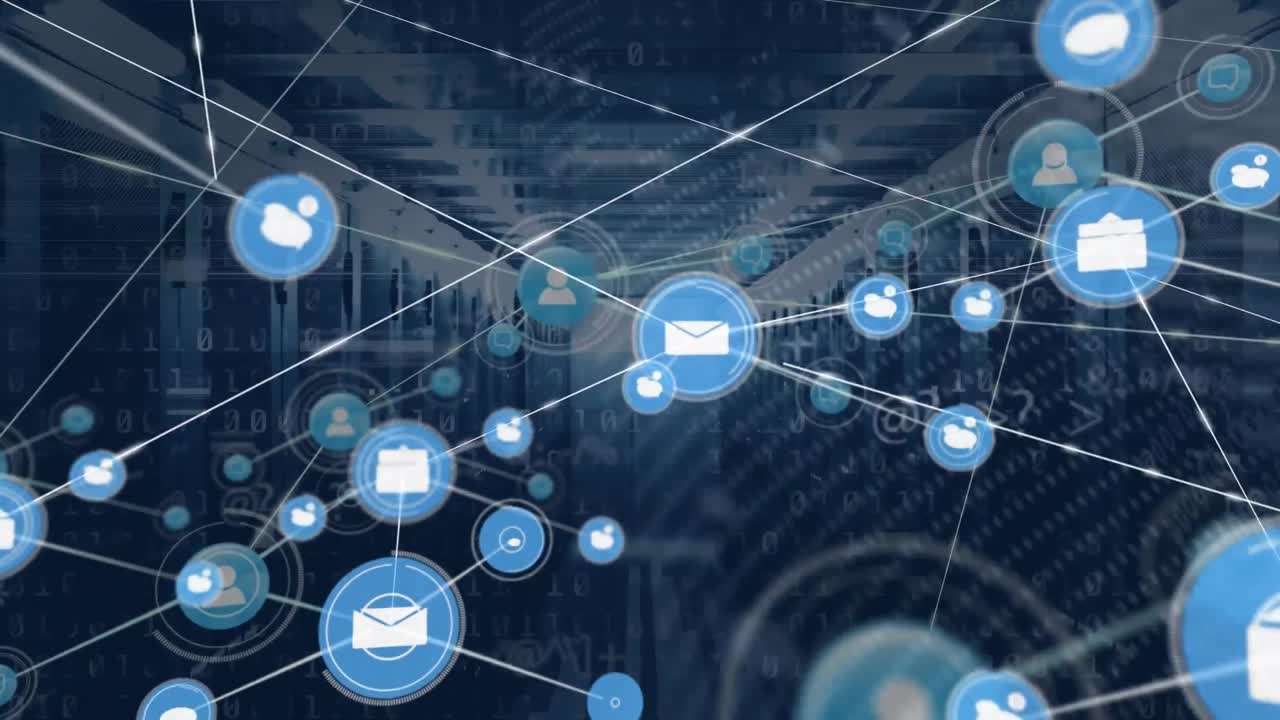 Animation of network of connections with icons and data processing over computer servers