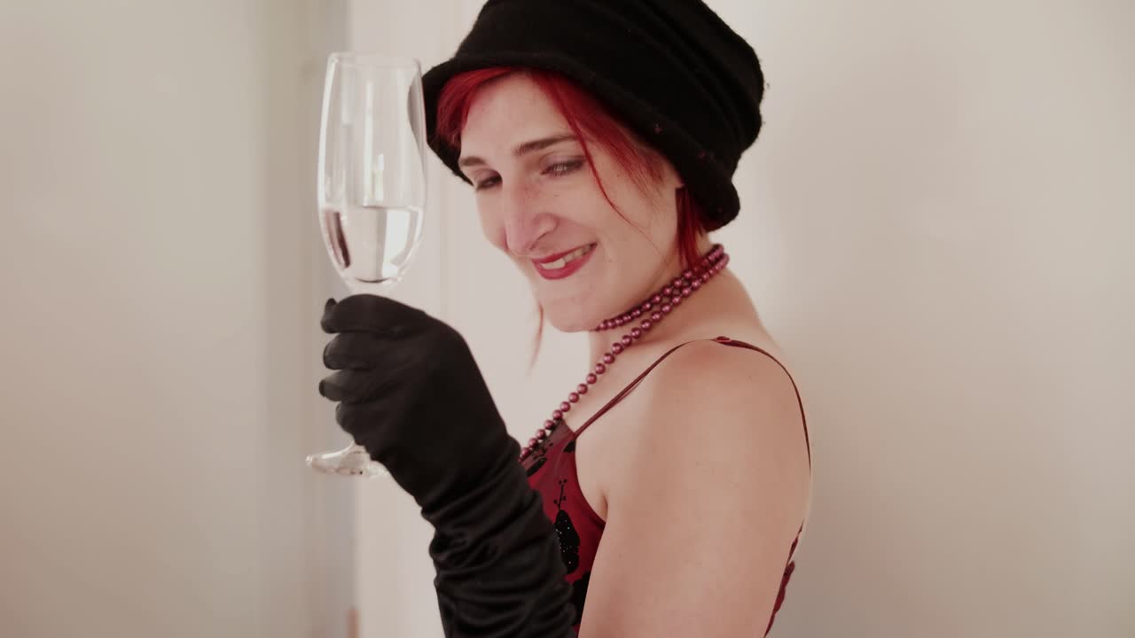 Golden Twenties - Red Haired Girl with Champagne Glass turning round