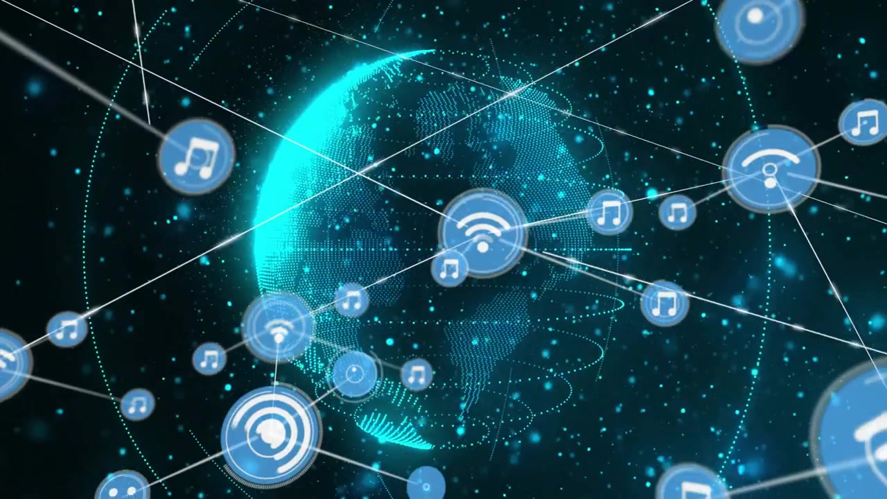 Hub appearing on glowing cyan dotted globe, nodes spawning linking showing music wifi mapping net