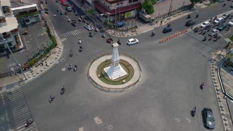 tugu yogyakarta historical landmark roundabout in indonesia, aerial orbit