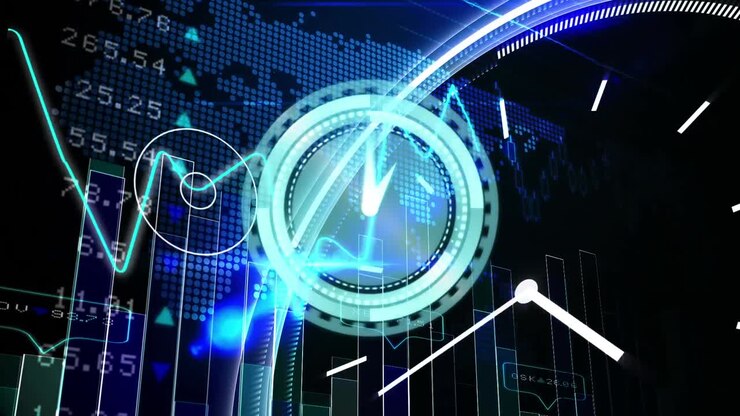 Animazione di elaborazione dati e orologio su mappa del mondo