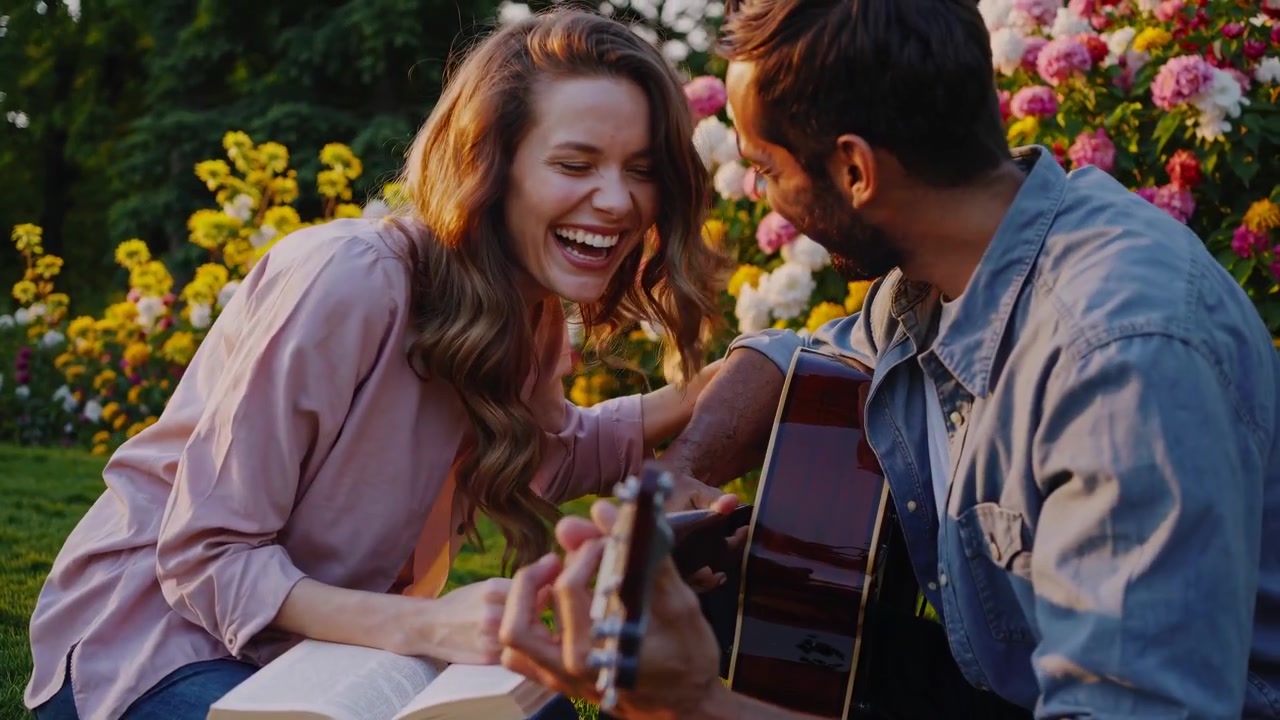 Coppia felice che fa un picnic e suona la chitarra in un parco soleggiato
