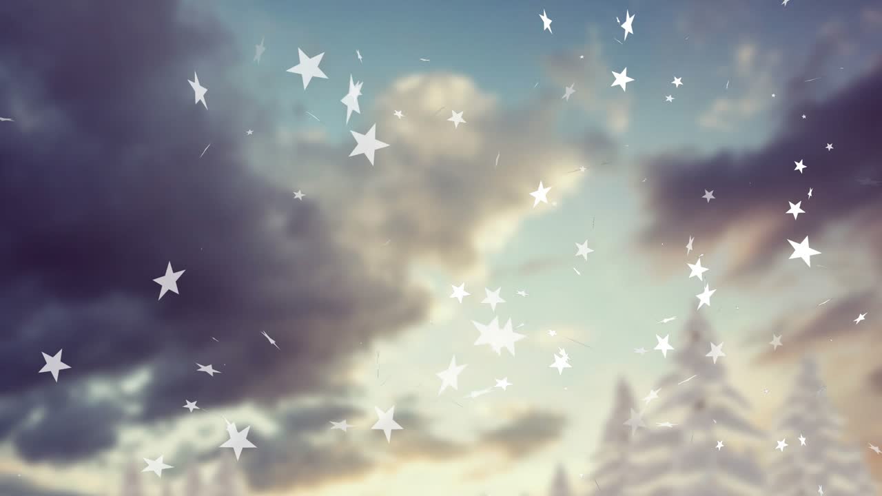 Star shapes materializing centrally swirling over pine trees amid clouds conveying winter dusk