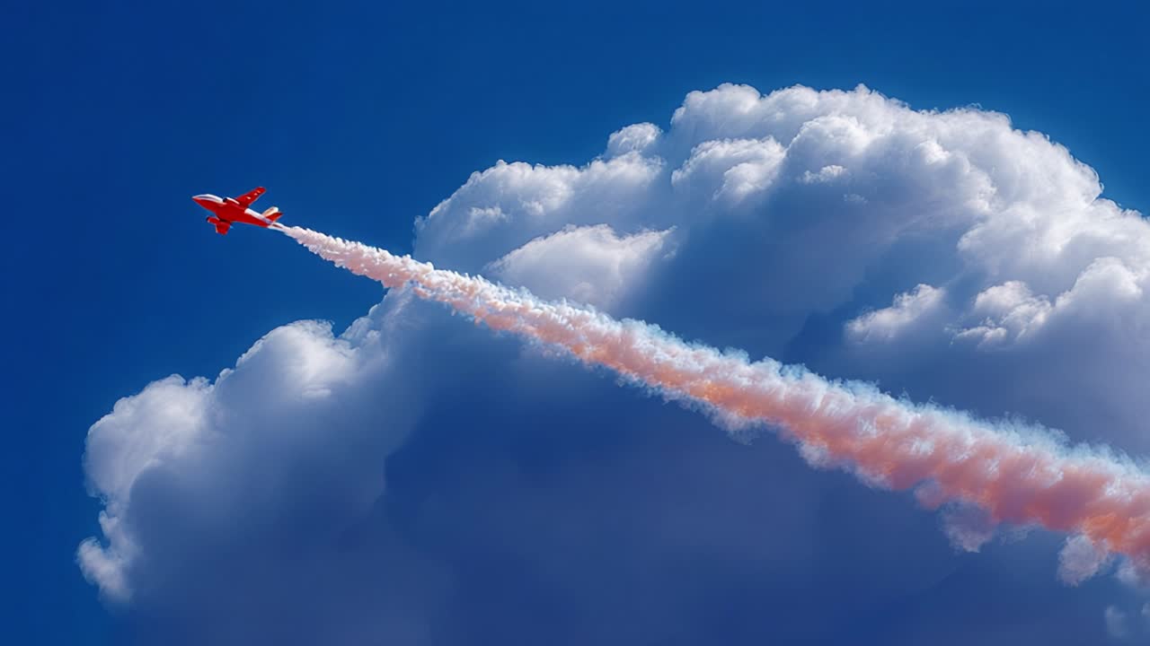 A Bright Red Jet Aircraft Shooting Through a Brilliant Blue Sky, Leaving a Colorful Smoke Trail Behind as it Climbs Above Dynamic Fluffy Clouds During Daytime