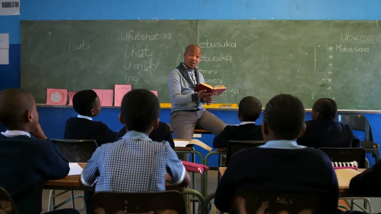 Male teacher teaching students in the class 4k