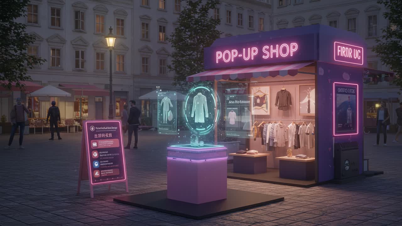 Vibrant Nighttime Scene of a Pop-Up Shop Showcasing Fashion and Technology with Energy-Efficient Lighting and Interactive Display Features