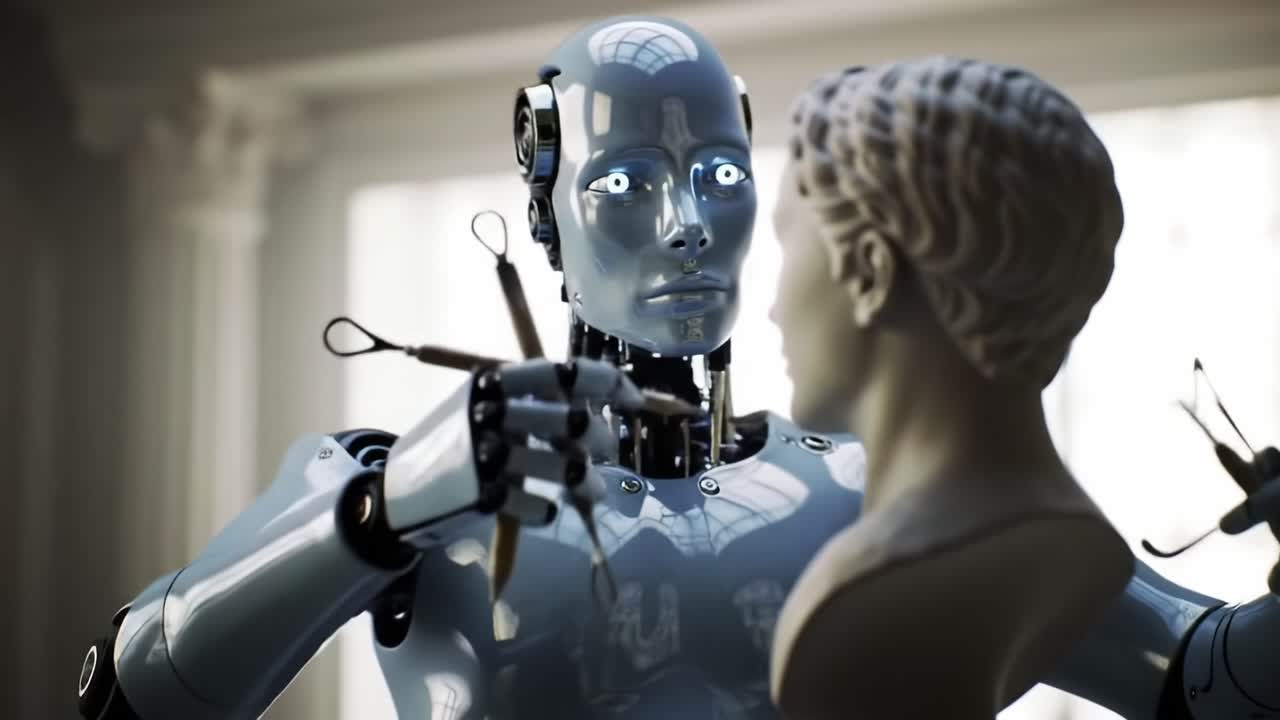 A futuristic robot artist meticulously carving a bust, showcasing the intersection of technology and artistry in a serene, well-lit environment