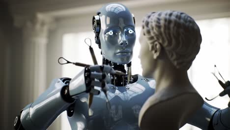 a futuristic robot artist meticulously carving a bust, showcasing the intersection of technology and artistry in a serene, well-lit environment