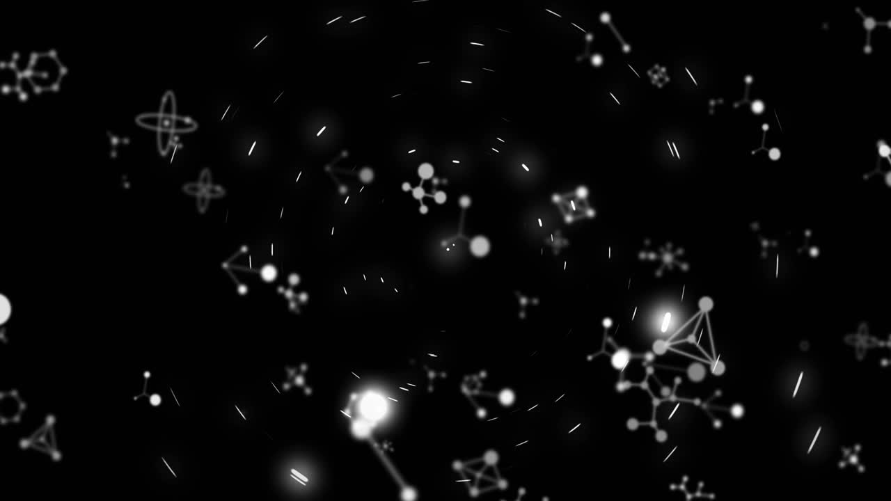 검은 바탕 위에서 회전하는 분자의 애니메이션