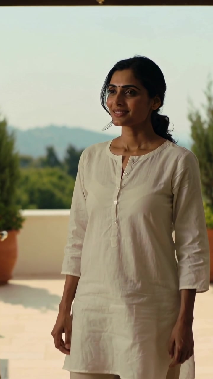 Video verticale: Sentendo una chiamata fuori campo, una donna si gira e sorride sulla soglia con pentole, kurta e pantaloni.