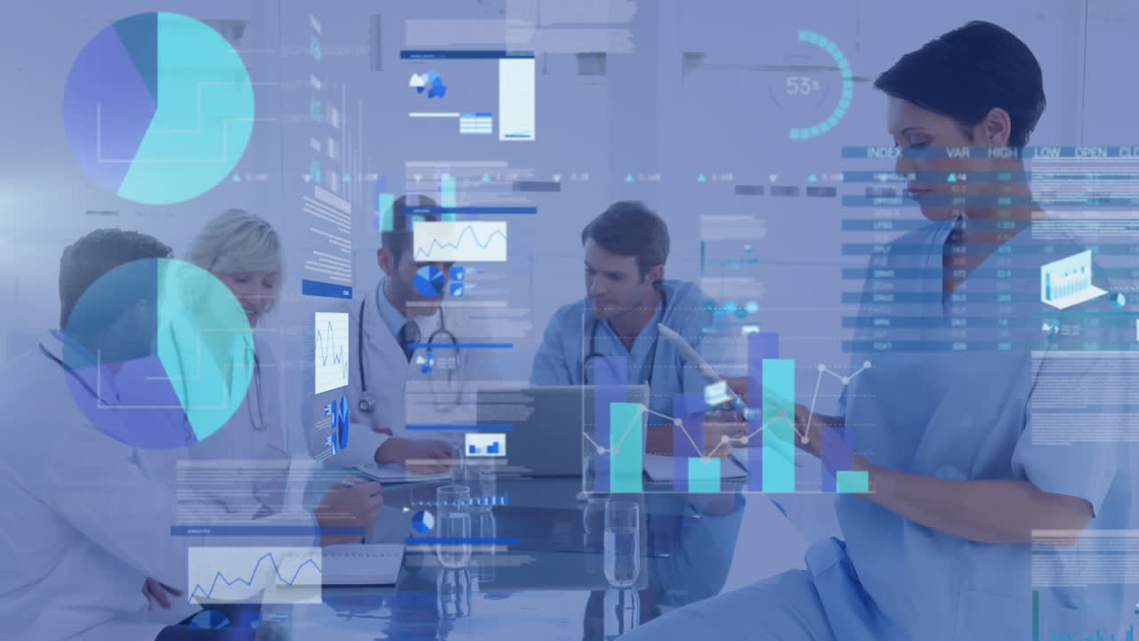animación del procesamiento de datos financieros sobre diversos médicos