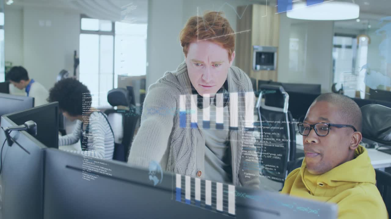Developer entering office and pointing monitor while charts, code illustrating technology analytics