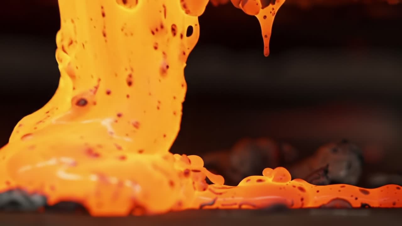 Molten Metal Flows in a Foundry During Evening Operation With Intense Heat and Bright Glowing Colors