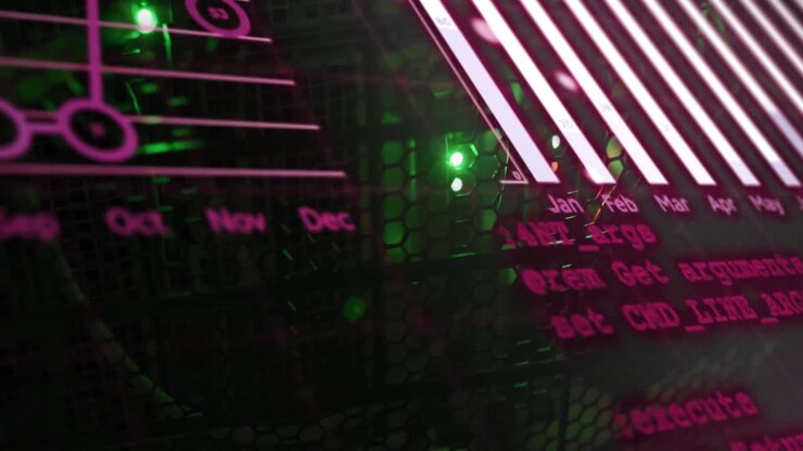 Calendar months and programming commands animation over illuminated server hardware