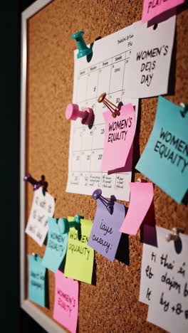 corkboard with women's equality and other important notes
