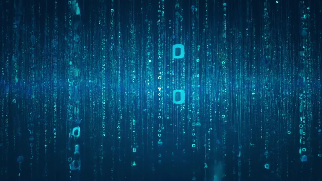 Falling Digital Data Stream with Glowing Blue Characters