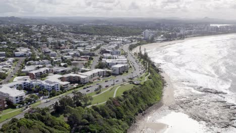 Drone-Towards-Alexandra-Headland,-Sunshine-Coast