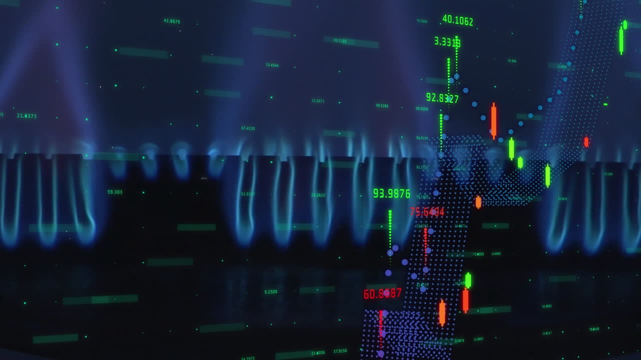 Animation of changing financial data and graphs over gas flames