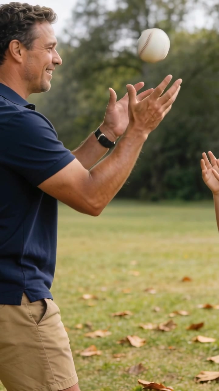 Vertical video: Man catching white ball at park playing with child tossing, navy polo khaki shorts