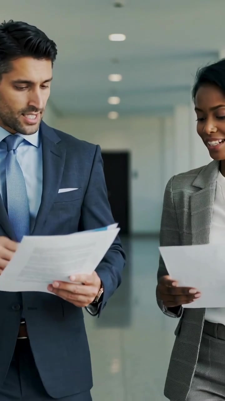 Vertical video: Reviewing printed sheets, coworkers walking and pointing in hallway, wearing suits