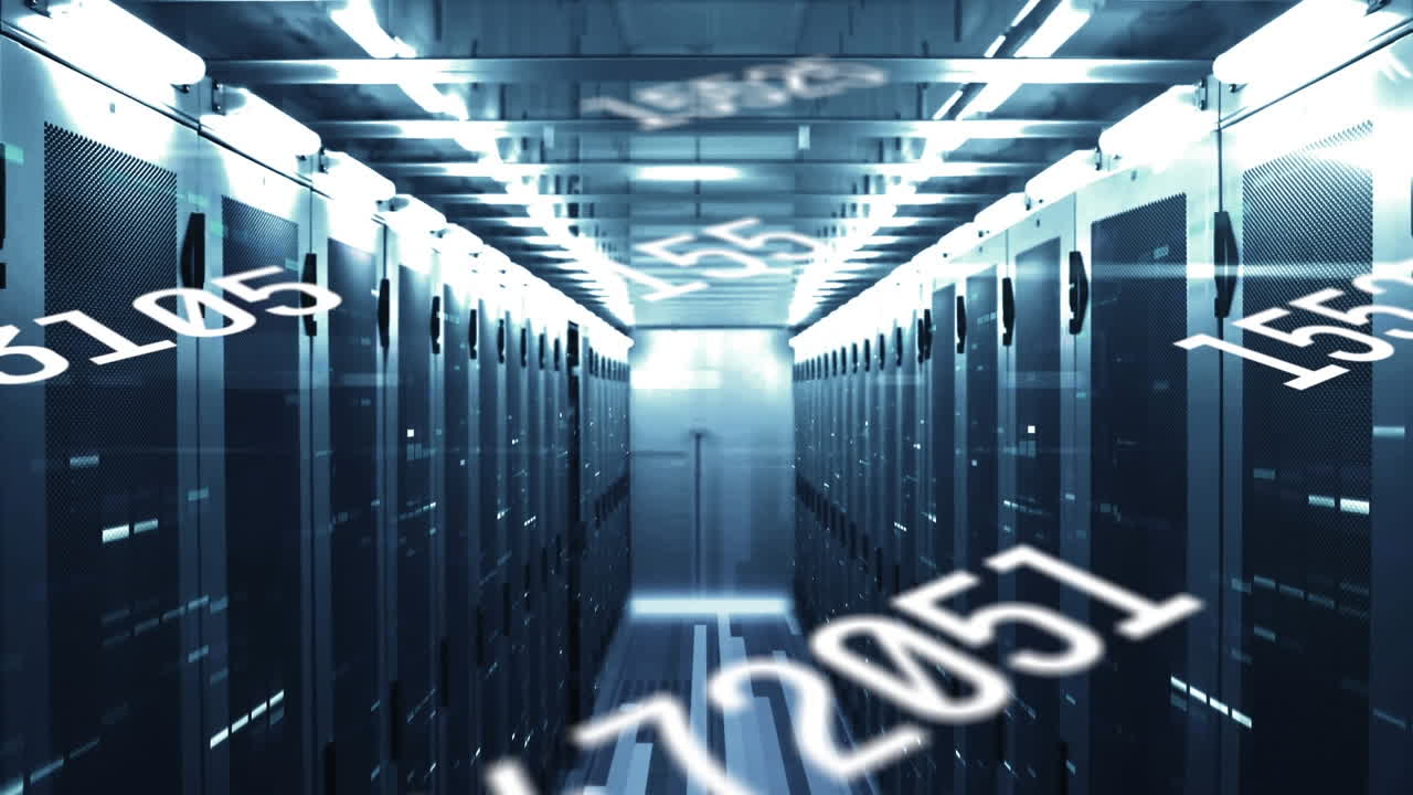 Animation of numbers changing over tech room with computer servers