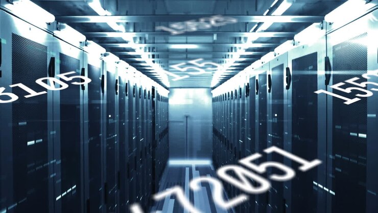 Animation of numbers changing over tech room with computer servers
