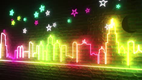 neon city skyline on brick wall at night